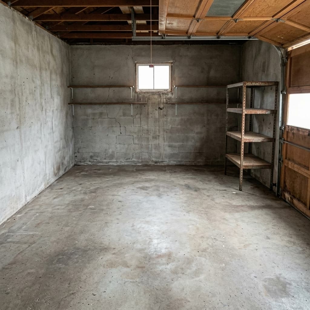 After: Completely cleaned and empty garage showing concrete floor