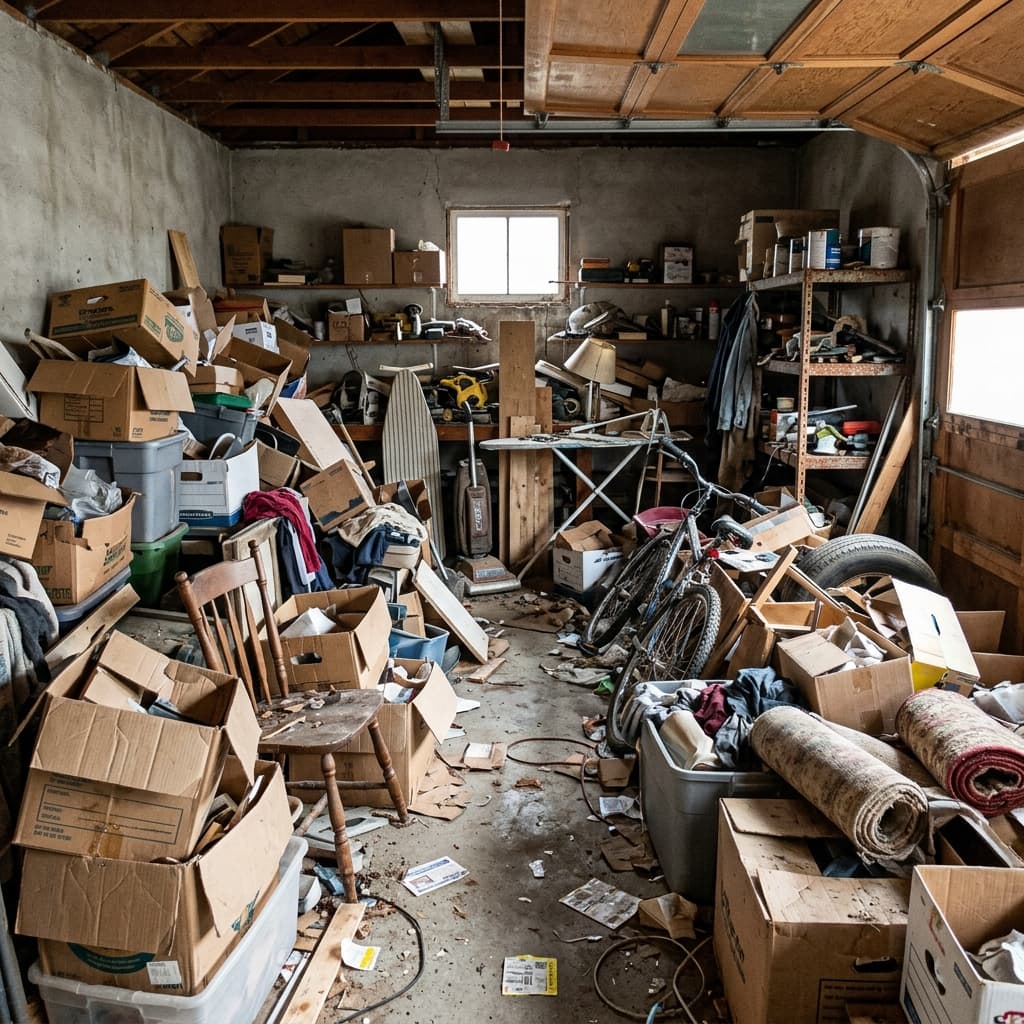 Before: Messy cluttered garage full of boxes, bikes, and junk
