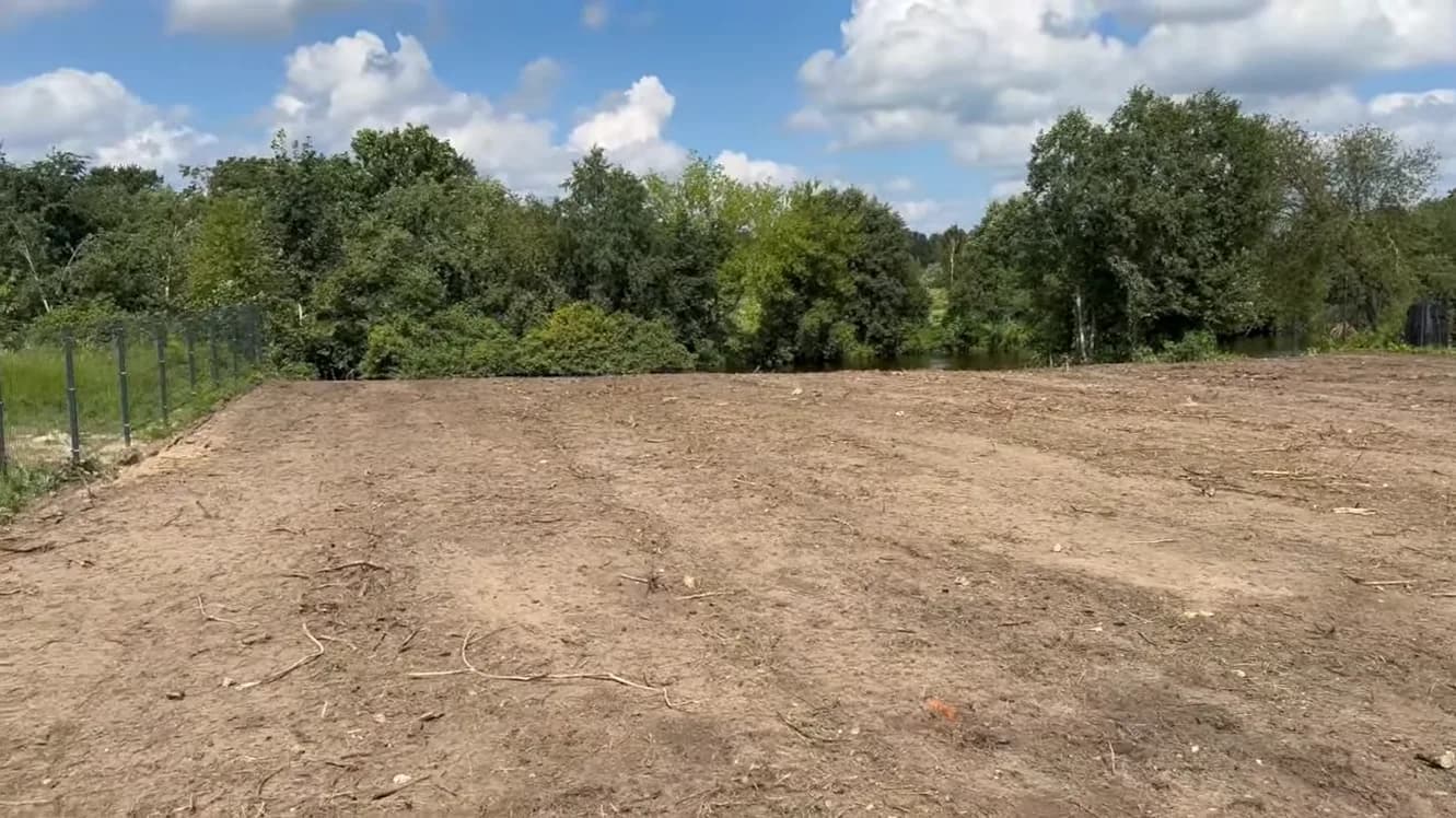 Finished, seed-ready backyard with fresh beds and a new lawn
